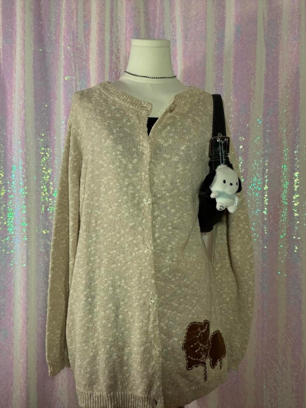 Together Beige Leather Detail Stitched Tree Long Sleeve Knit Cardigan ★彡